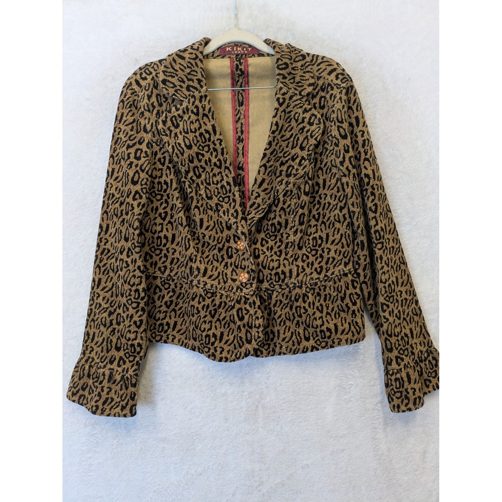 Kikit Jeans Blazer Women's L Brown Leopard Print Corduroy Ruffle Cuff Stretch